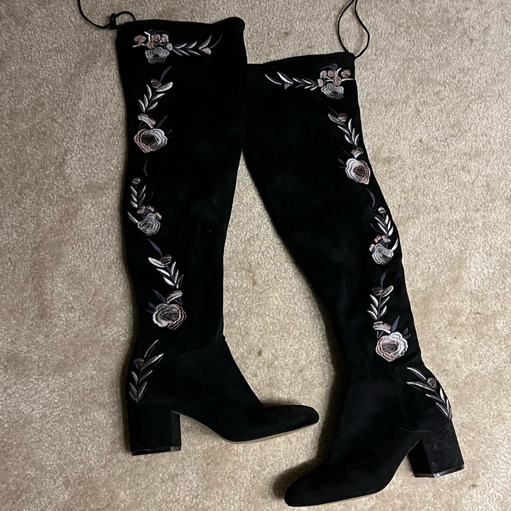 Embroidered Black Over the Knee Boots